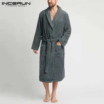 Ciepłe kieszenie kimono strona odzież zasznurować koszulę nocną wypoczynek jednolity kolor szlafrok INCERUN mężczyźni zima z długim rękawem piżamy S-5XL