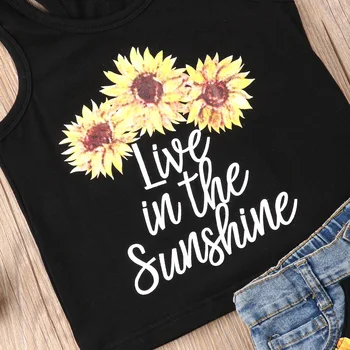 Citgeett Toddle Baby Kids Girls Sleeveless Sunflower Tops Kamizelka+Szorty Jeansowe Spodnie Letni Strój Odzież Sunshine Fashion Set