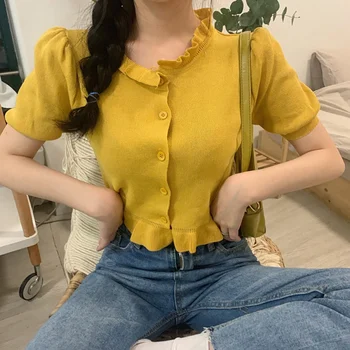 Damska letnia koszulka Korean Elegante Tops Puff Sleeve z dzianiny sweter był cienką krótkim rękawem z drewnianymi uszami t-shirt