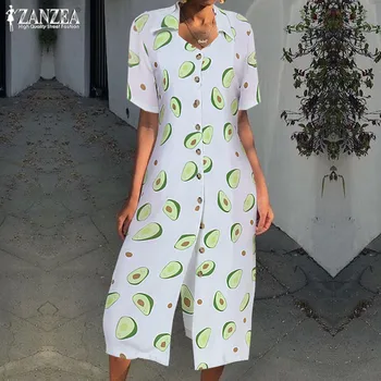 Damska letnia sukienkę 2019 ZANZEA Bohemian Fashion restauracja avocado Print Shirt Dress z krótkim rękawem Midi Vestidos Plus Suze Tunic Robe