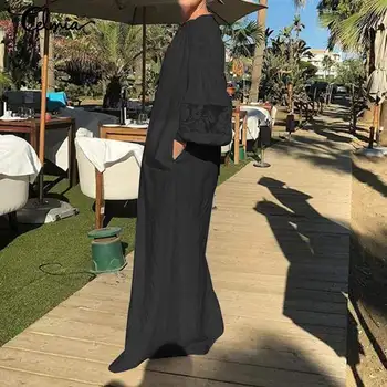 Damskie długie Maxi koszula Sukienka artystycznej plaża koronki szyć sukienki Celmia 2021 lato casual Temat z długim rękawem partii Vestido 5XL