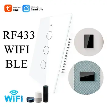 Dla Alexa Amazon voice control 1/2/3 Gang WiFi tuya Smart Light Switch Wall Touch panel WIFI+RF433+BLE remote control US switch