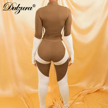 Dulzura Patchwork Kobiety Zestaw Z Dwóch Części Z Długim Rękawem Crop Top Koszulka Zamek Legginsy Bodycon Sexy Sportowy Dres Meble Ubrania 2020