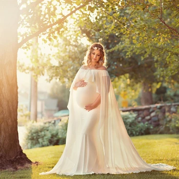 Długa szyfonowa macierzyństwa płaszcz sukienka Slash szyi ciąża szyfon płaszcz sukienka długi ogon Baby Shower sukienka uniwersalna sukienka