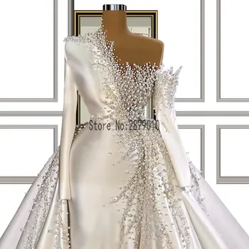Długie rękawy Koronki suknie ślubne z wymiennym pociągiem satynowe suknie ślubne na zamówienie