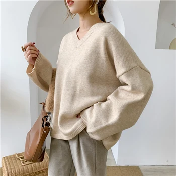 [EAM] szary duży rozmiar drutach sweter luźny krój V-neck z długim rękawem kobiety swetry nowa moda przypływ Jesień Zima 2021 1Y198