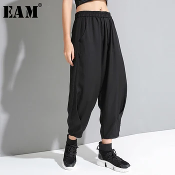 [EAM] wysoka elastyczna talia czarne plisowane długie spodnie nowe temat spodnie damskie moda Tide wiosna lato 2021 1U320