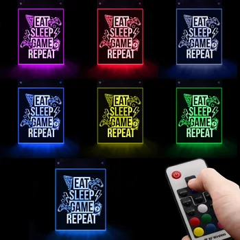 Eat Sleep Game Repeat LED Lamp Wall Sign Gamers Boy Room Lighting Wall Art Rectangle Hanging Board Gaming Electric Display Sign