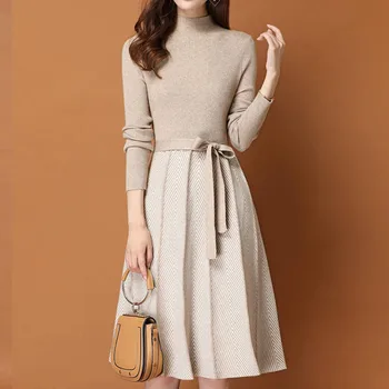 Elegancki sweter z dzianiny plis damskie jesienno zimowe sukienka sweter z długim rękawem bielizna sukienka biuro Lady codzienne midi sukienka
