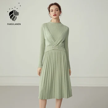 FANSILANEN elegancki karbowany sweter z dzianiny sukienka kobiety szczupłe vintage, długie czarne sukienki jesień zima biuro lady biała sukienka 2020