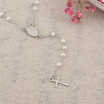 FINE4U N421 ze stali nierdzewnej krzyż Maryi wisiorek naszyjnik 4 mm koraliki perły koraliki naszyjniki dla chrześcijańskich biżuterii