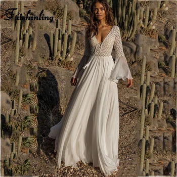 Fitshinling Backless long lace dress jesień 2020 v neck sexy hot bohemian maxi dresses for women flare sleeve white pareos sale