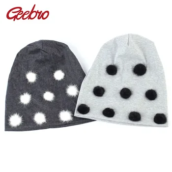 Geebro Winter Women ' s Beanie Hat with Pompom Plain Cotton Slouchy Beanies with Mink Fur Pompons Skullies&Beanies chapeau femme