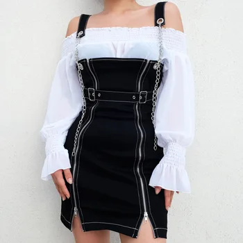 Harajuku retro czarny punk Bodycon sukienka meble jesień 2020 zamek Split sexy mini sukienka metalowy łańcuch zębaty Pasek sukienka