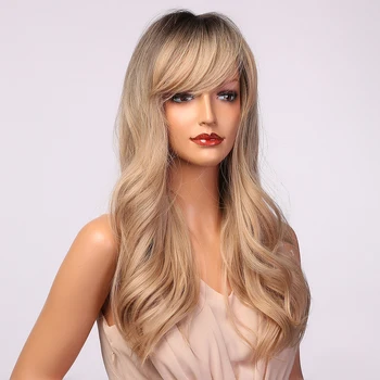 Henry МарГУ falisty długi syntetyczny brązowy blond ombre peruki dla kobiet, naturalny, Dzienny cosplay peruka z grzywką odporne włosy peruka