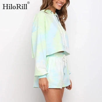 HiloRill Women Fashion Tie Dye 2 Piece Set Batwing Sleeve Loose Hooded Cropped Tops Casual Outfit Sznurek Szorty Tracksuits