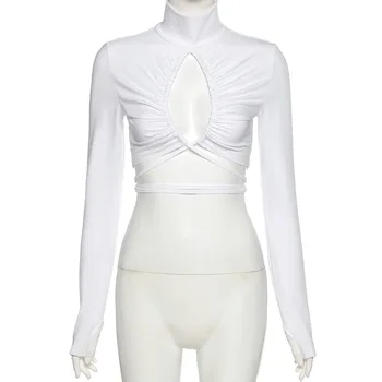 Hollow, Koronka do golf koszulka dla kobiet 2021 Wiosna, biały, czarny z długim rękawem krótkie Y2K Topy naprawczych koszulka Femme Camiseta Mujer