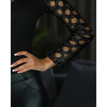 Hollow body z długim rękawem Bodycon body O-neck brokat czarny kombinezon koreańskiej odzież 2020 SJ5029X