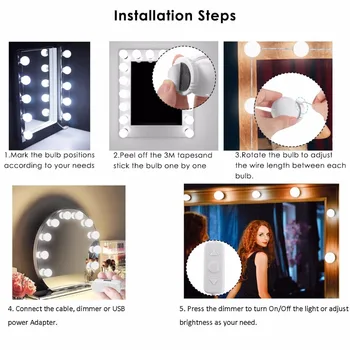 Hollywoodzki styl makijaż lustro LED próżność światła zestaw z 10 Затемняемыми lampami led wodoodporny inteligentny wystrój na toaletce w łazience