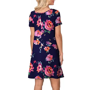 Home&Nest Fashion Odzież kwiatowy drukowane kieszenie z krótkim rękawem mini sukienka dorywczo sukienka z okrągłym dekoltem sukienki damskie lato Nowy