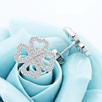 Hot moda 925 srebrne płatki miłości kolczyki dla kobiet Lady autentyczny Oryginalny w kształcie serca czterolistna koniczyna biżuteria prezent