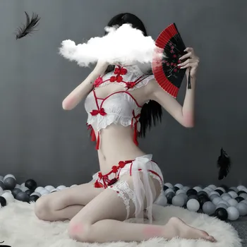 Japońskie Seksowna Bielizna Cosplay Kostium Komplecik Sukienka Kobiety Gorąca Erotyka Gothic Punk Mały Diabeł Biustonosz Zestaw Biały Cheongsam Party