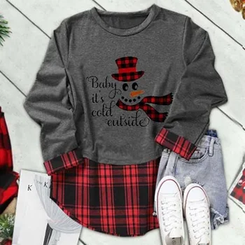 Jesień i zima nowa moda casual z długim rękawem Santa Krasnolud wydruku bluzka top patchwork pled boże Narodzenie koszulka