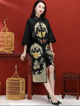 Jesień nowy chiński styl retro Pałac Embroidy dysk przycisk rękawy raglan średniej długości temat Pani płaszcz plus rozmiar M-3XL