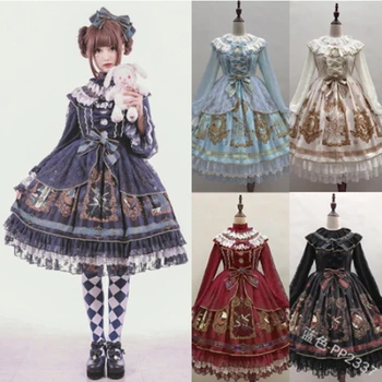 Kawaii girl gothic palace sweet girl lolita dress vintage lace bowknot stand high waist printing victorian lolita dress op cos