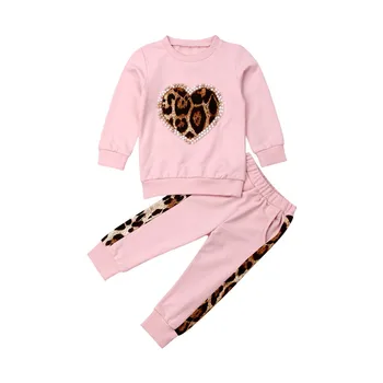 Kid Kid Baby Girls Jesienne Zestawy Ubrań Z Długim Rękawem Leopard Heart Bluzy Bluzki Długie Spodnie Dla Dzieci Dziewczyny Strój Sportowy Strój