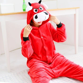 Kigurumi Bull OX garnitur dzieci, piżamy dla dorosłych zwierząt Onesie kobiety mężczyźni z kapturem Kegurumi piżamy flanelowe piżamy