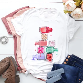 Kolorowy lakier do paznokci drukowanie biała koszulka Damska letnia Harajuku Fun Vogue Wzór różowy t-shirt topy casual t-shirt z krótkim rękawem
