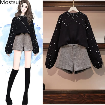 Koreański 2 Szt. Zestawy Odzieży Dla Kobiet Plus Size Sukienka Sweter Sweter I Szare Spodenki Stroje Koreański Modny Zestaw 2019 Jesień Zima