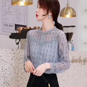 Koreański Styl Bluzka Kobiety Elegancki Koronkowy Top Plus Rozmiar Szyfonowe Bluzki Stałe Vrouwen Bluzka Koszula Z Długim Rękawem Odzież Damska