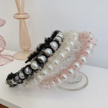 Koreański cekinami szyfon siatki przędzy opaska cienkiej krawędzi duży Perłowy kwiat razy włosów grupa Słodki akcesoria do włosów dla kobiet dziewczyn
