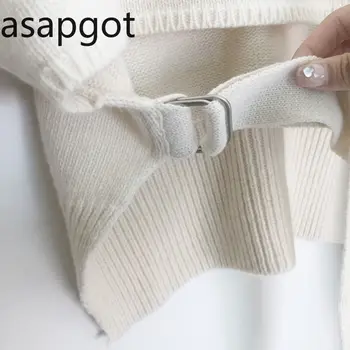 Koreański elegancki dekolt V-neck temu zasznurować nieregularne lampa rękaw sweter z dzianiny Wysokiej Talii torba hip spódnica damska moda casual