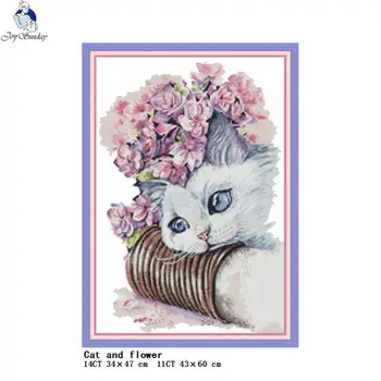 Kot i kwiaty DIY animal wzór cross stitch kit DMC 14CT 11CT płótno druku rękodzieło haft zestaw dekoracji domu rzemiosła