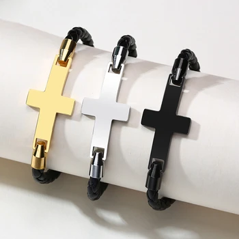 Krzyż ze stali nierdzewnej mężczyzna bransoletka czarny pleciony ręcznie robione bransoletki