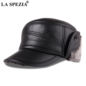 LA SPEZIA bombowiec kapelusze ze skóry naturalnej ucha klap Cap mężczyźni czarny ciepły ушанка futro kapelusz męski zima grube stare czapki z daszkiem 2021
