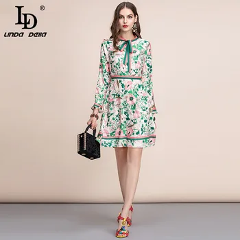 LD LINDA DELLA jesienna moda lądowisko sukienka z długim rękawem damska talii kołnierz wielokolorowy kwiatowy print vintage elegancka sukienka 2019