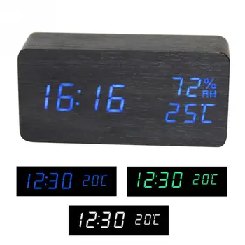 Led drewniany budzik zegar na biurko sterowanie głosem temperatura wilgotność salon wyświetlacz planszowe alarmy wystrój domu