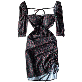 Letni nowy styl Koronki kwiatowy kwadratowy szyi puff rękawem sukienka z talii i odchudzanie zmarszczek sznurkiem torba hip sukienka C110