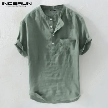 Letnia casual męskie firmowa koszula z kołnierzem jednolity kolor vintage, bawełniana bluzka koszula z krótkim rękawem Harajuku Camisas Hombre INCERUN
