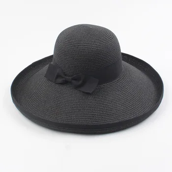 Letnia czapka dla kobiet, plażowa, słoneczna kapelusz słomkowy z kokardą kapelusz Panama Fedor z szerokim rondem UV-ochrona letnia czapka dla kobiet H20