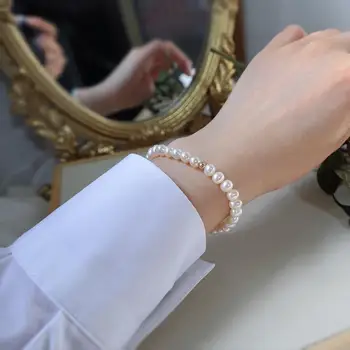 Lily Jewelry 4-5 mm prawdziwy bransoletka perłowa srebro próby 925 złoty kolor koraliki elastyczność bransoletka damska biżuteria dropshipping