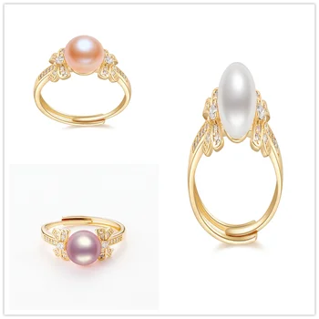 Lnngy 14K Gold Filled Ring 8.5-9mm Natural Wykształcona Freshwater Pearl Adjustable 14K Gold-Plated Bowknot Ring Women Jewelry Gifts