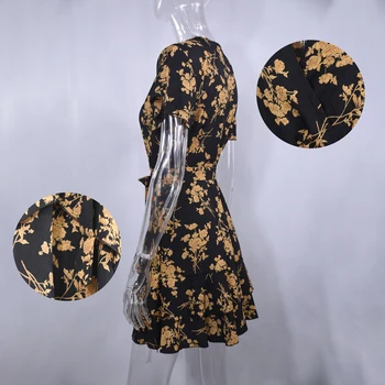 Lossky kobiecą sukienkę z kwiatowym nadrukiem serek z krótkim rękawem bowknot krótkie sukienki mini-motyl rękaw sukienkę elegancki 2019