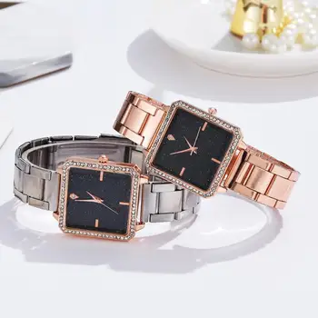 Luksusowe Zegarki Dla Kobiet Rhinestone Gwiaździste Niebo Różowe Złoto Prosta Moda Casual Zegarek Lady Kwadratowe Zegarki Relogio Feminino
