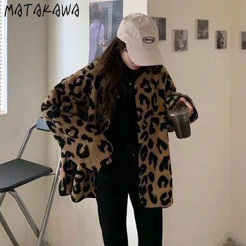 MATAKAWA damska kurtka zima 2020 jesień koreański z długim rękawem luźne leopard print imitacja owczej wełny płaszcz kobiety
