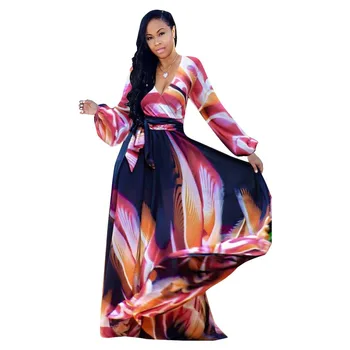 Maketina Printing Chiffon Plus Size Dress 2020 Jesień V-Neck Club Party Beach Oversize Dress Eleganckie Uliczne Sukienki Z Paskami